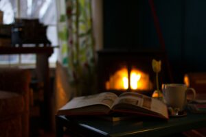 warm fire reading a book